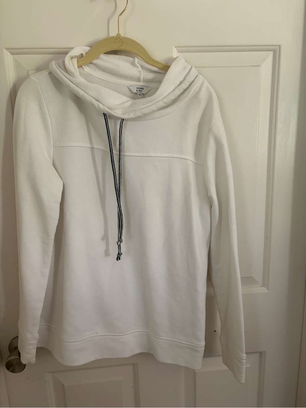 crown & ivy White Pullover Hoodie with Black Trim Drawstrings
